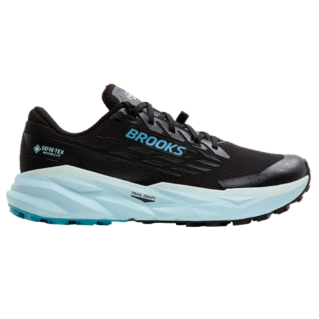 Black and blue running shoe with 'Brooks' branding on a white background