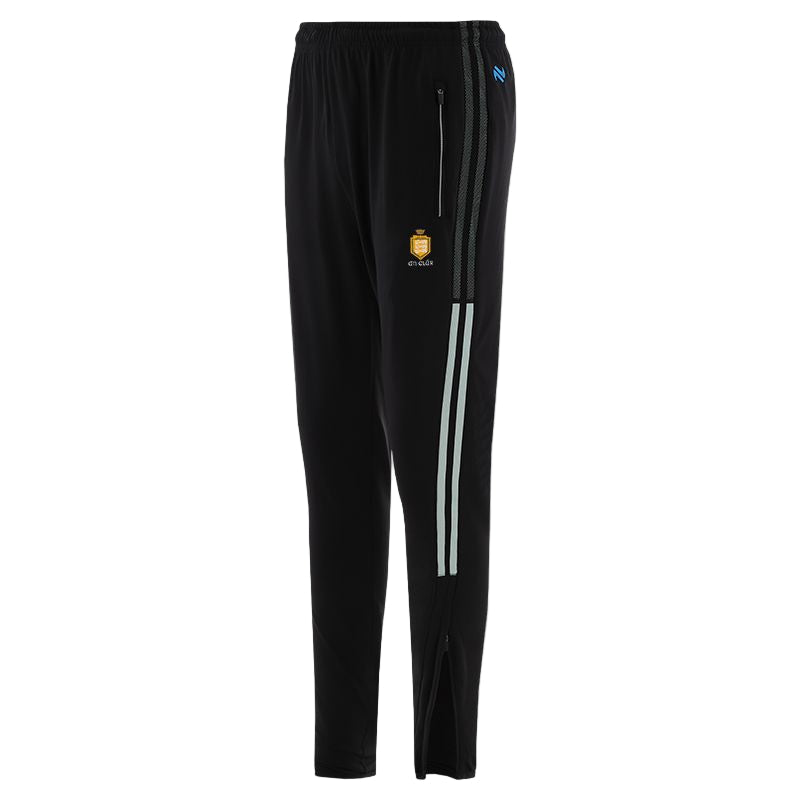 Black tracksuit pants with white stripes on a light gray background