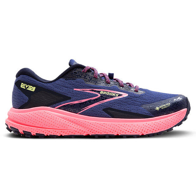 Blue and pink running shoe with 'Brooks' branding on a white background