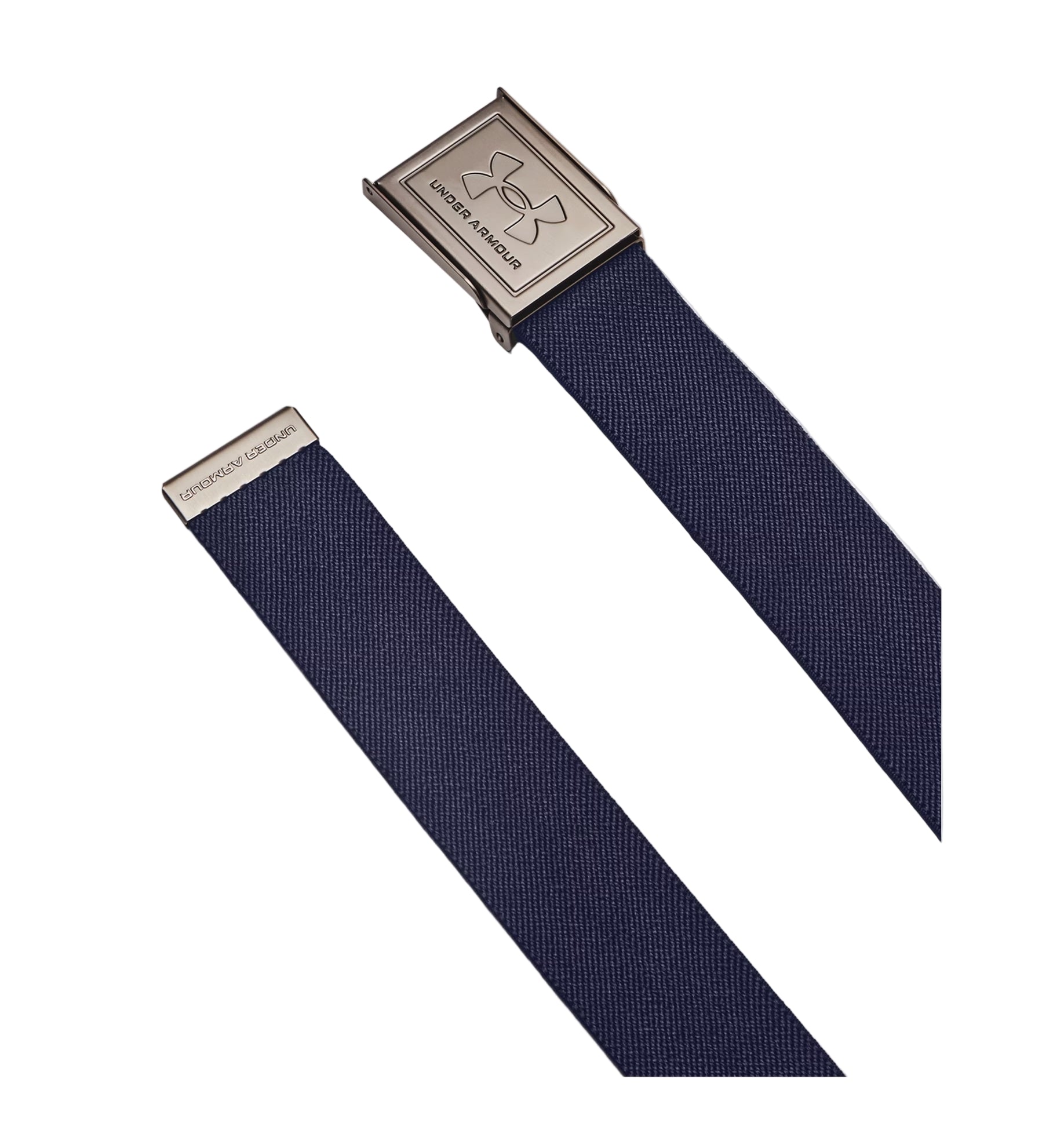 Navy belt with a gold buckle on a light gray background