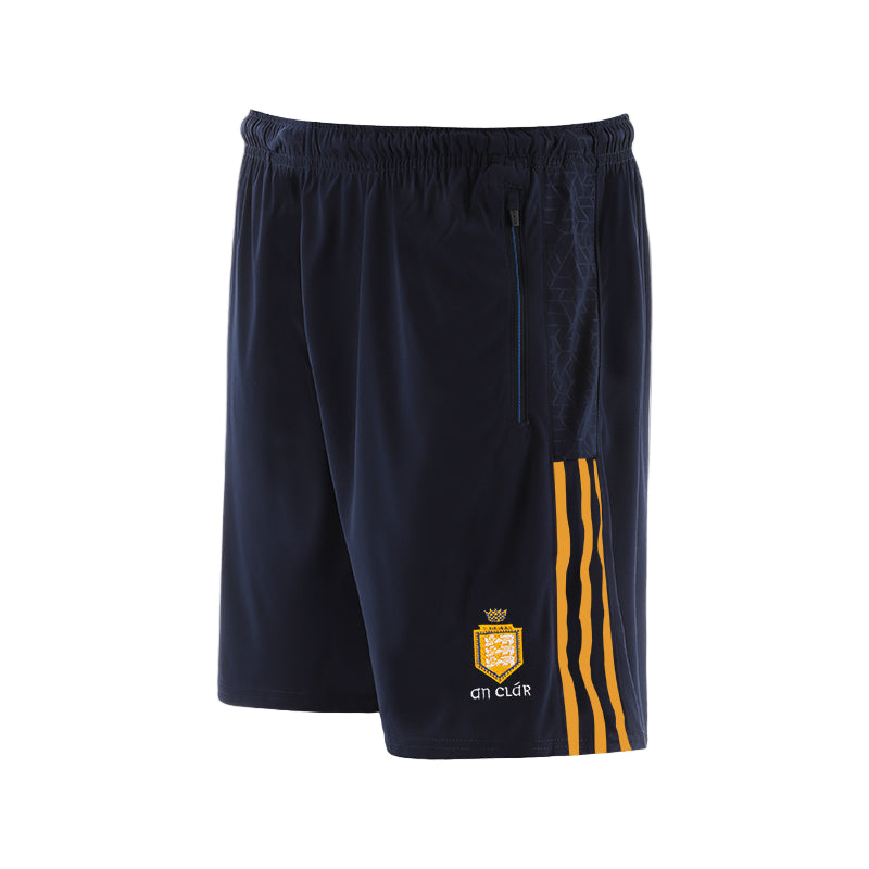 Navy shorts with yellow stripes and logo on a white background