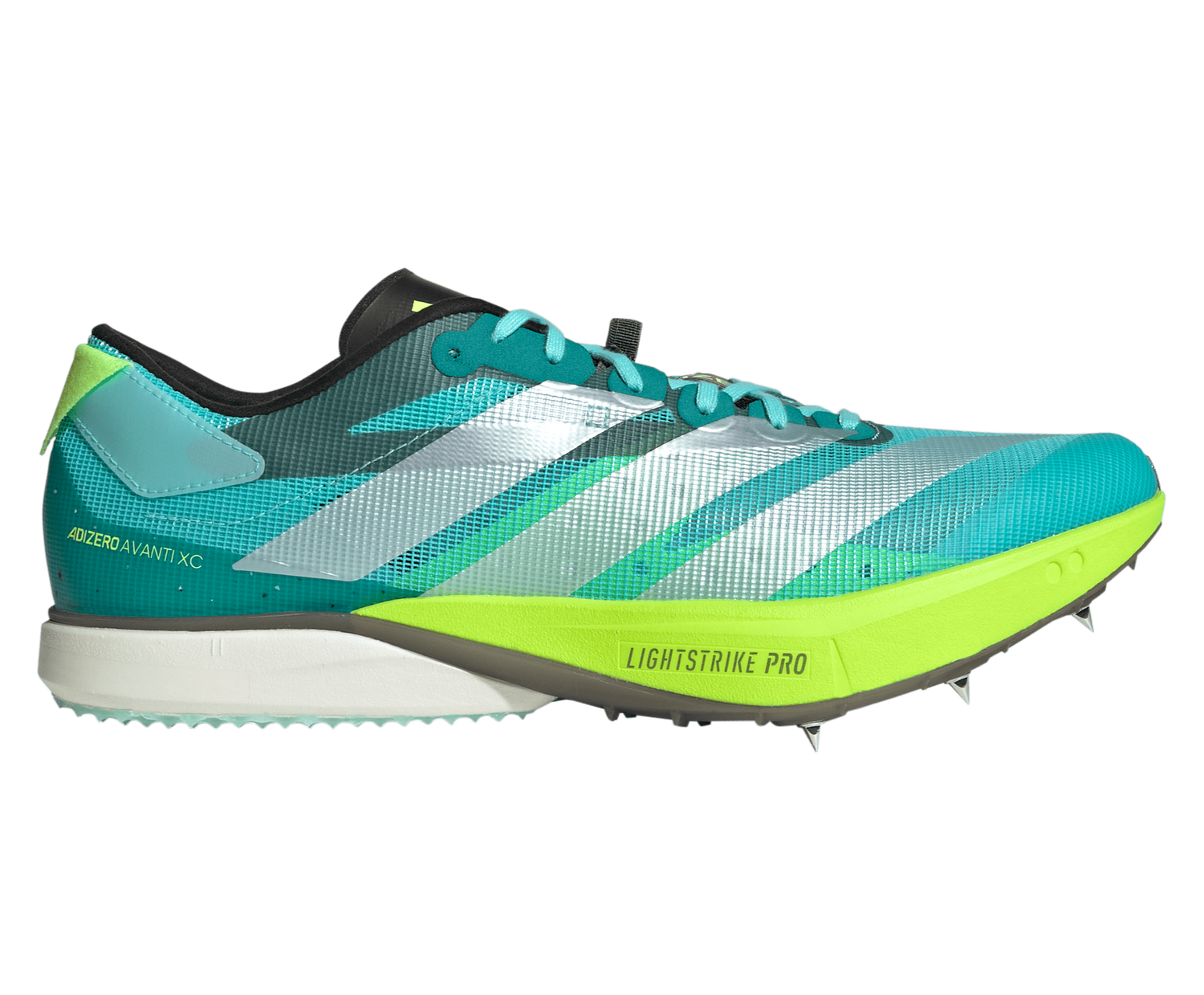 Adidas running shoe with green and blue design on a transparent background