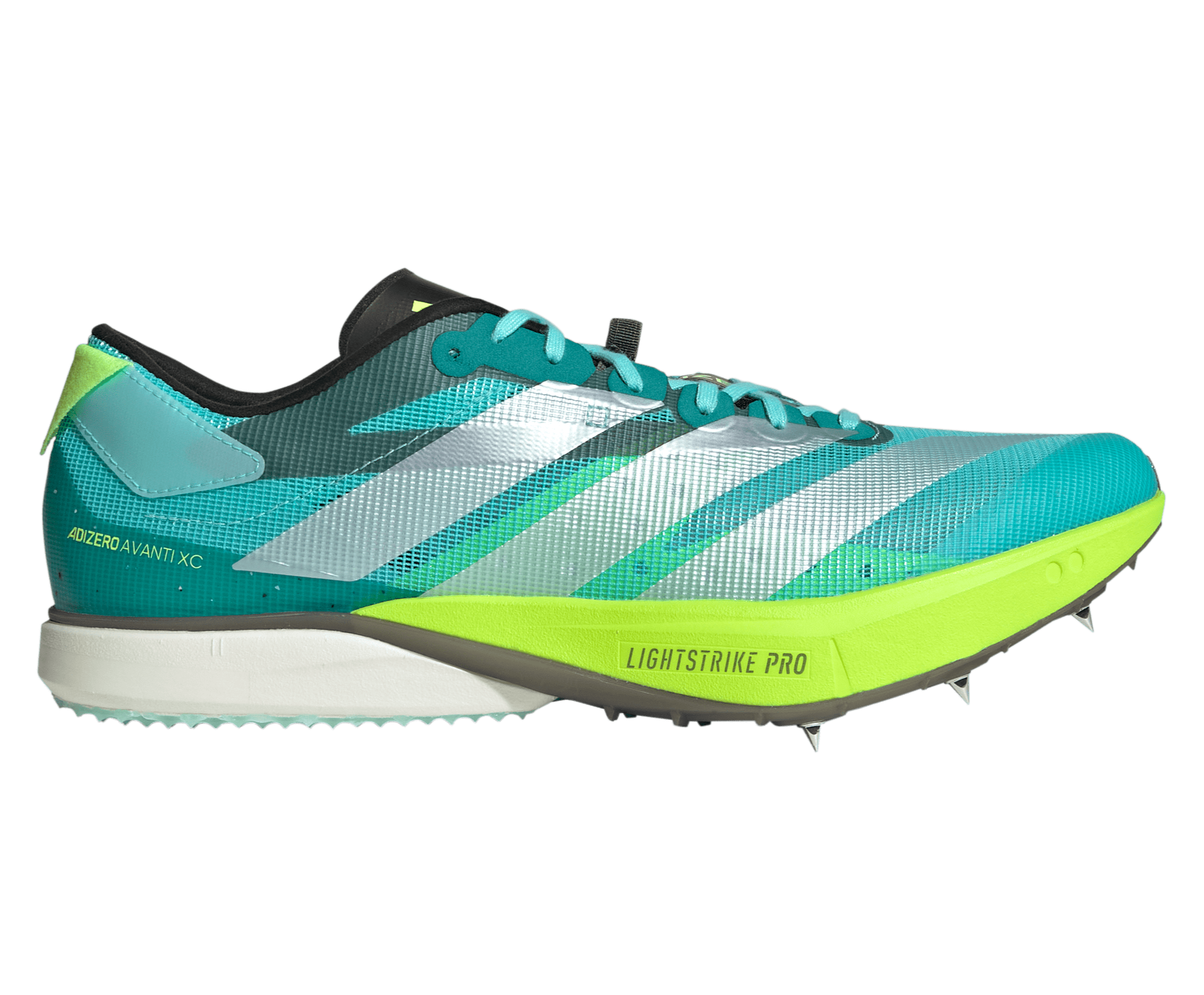 Adidas running shoe with green and blue design on a transparent background