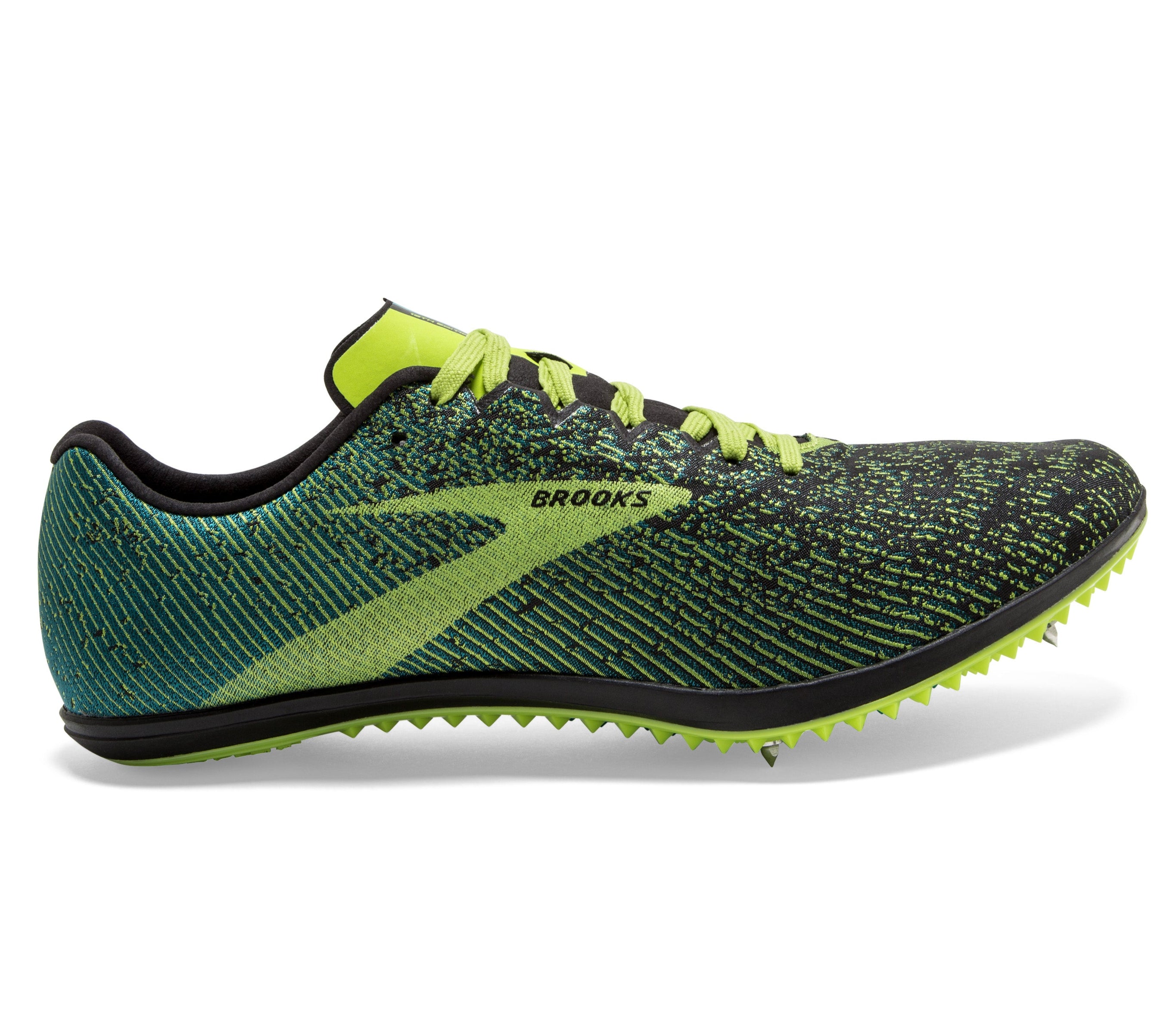 Brooks Mach 19 men's track spikes in black and green color with a distinctive aggressive lug pattern, designed for competition in track and cross-country events.