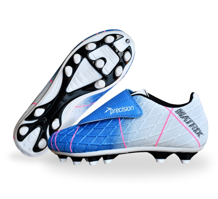 Precision Matrix Junior Velcro Football Boots Firm Ground Aqua White Fuchsia (White Blue Pink)