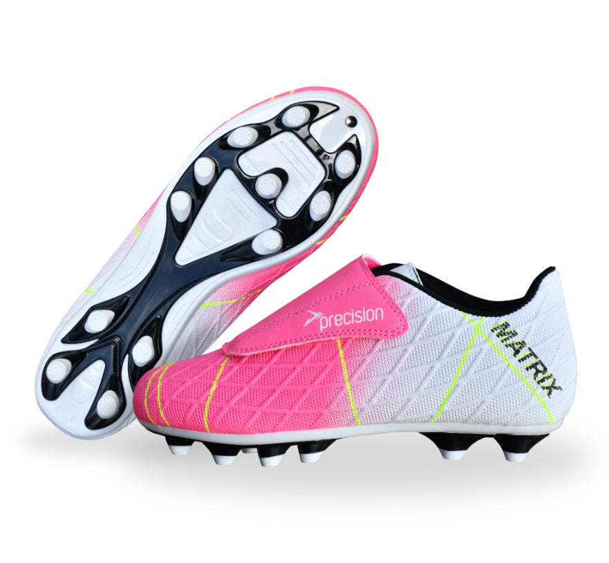 Precision Matrix Junior Velcro Football Boots Firm Ground White Fuchsia Lime (White Pink)